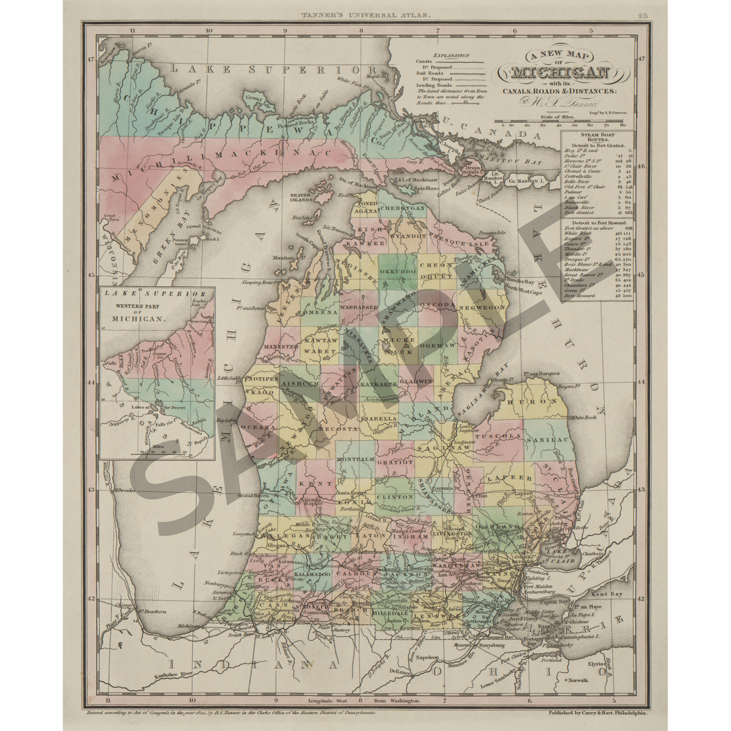 A New Map of Michigan with Canals, Roads & Distances (1841)